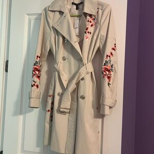 White House Black Market Cream and Red Floral Trench Coat